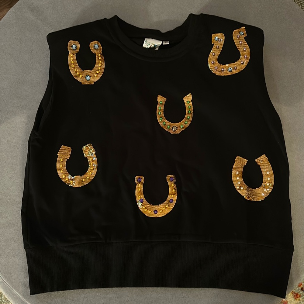 NWOT Queen of Sparkles black horseshoe shoulder pad tank size L